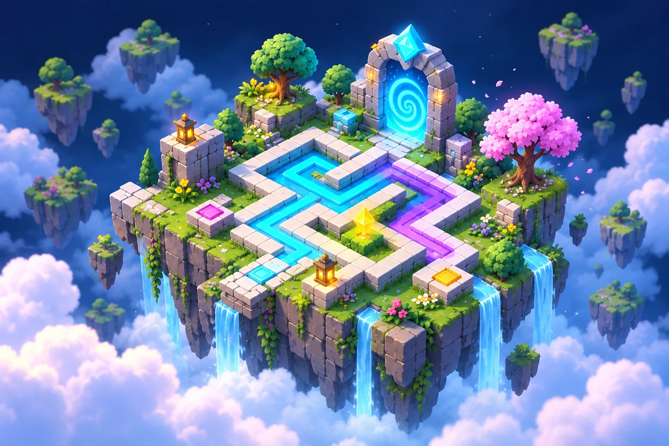 Illustrated floating puzzle island with a glowing portal